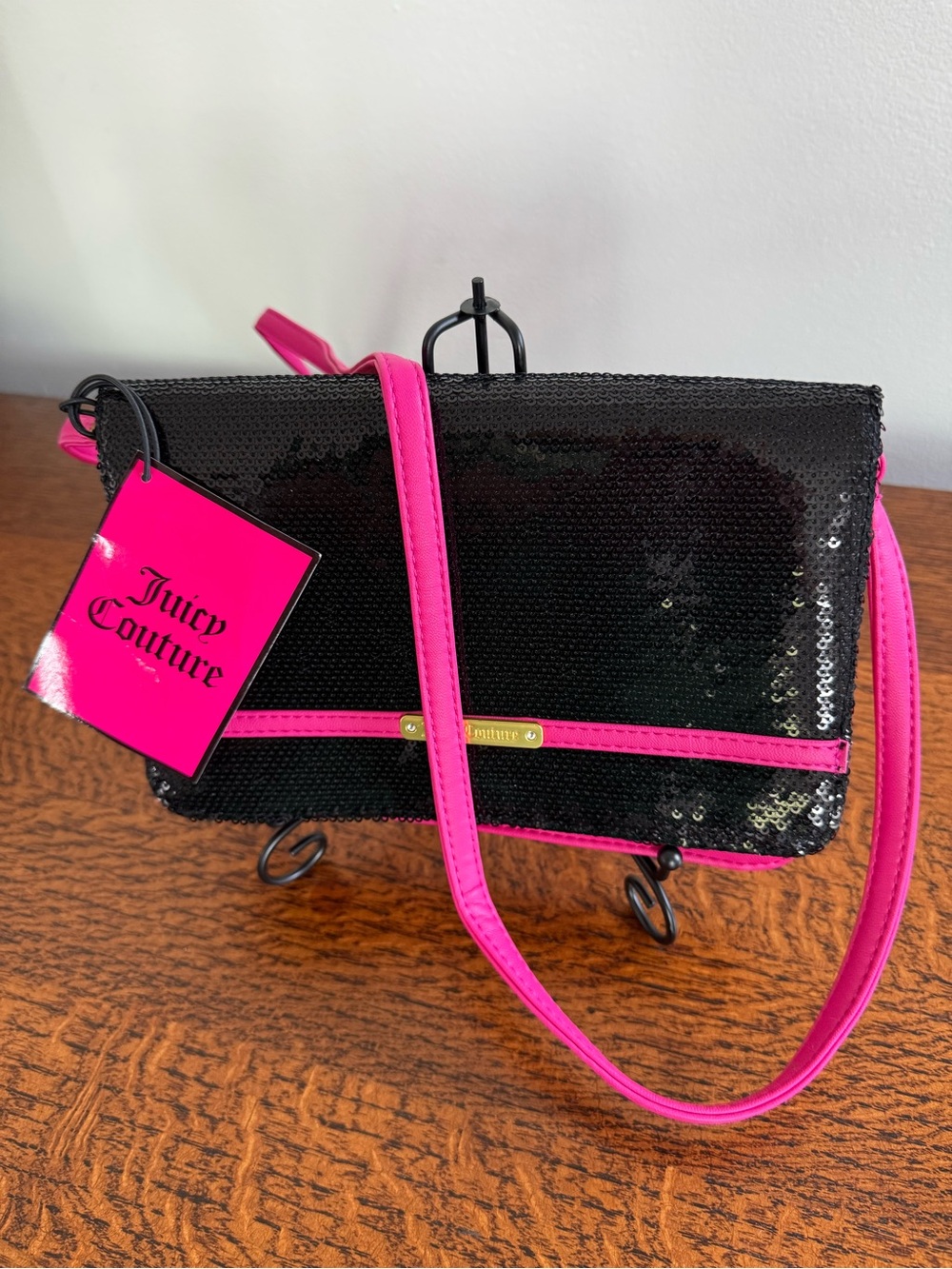 NWT Juicy Couture Black Sequin Crossbody with Hot Pink Trim